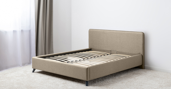 Кровать Миа 160 рогожка бежево-коричневый, кант желтовато-коричневый с ортопедическим основанием и подъемным механизмом