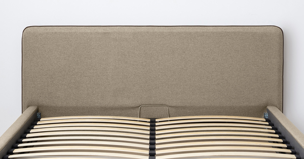 Кровать Миа 160 рогожка бежево-коричневый, кант желтовато-коричневый с ортопедическим основанием и подъемным механизмом