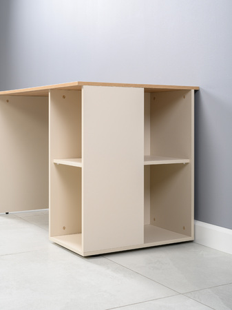 Стол письменный Лайт 12.163 сатин 7045 SU, гикори рокфорд натуральный KO86 PW, сборка на любую сторону, два варианта сборки тумбы