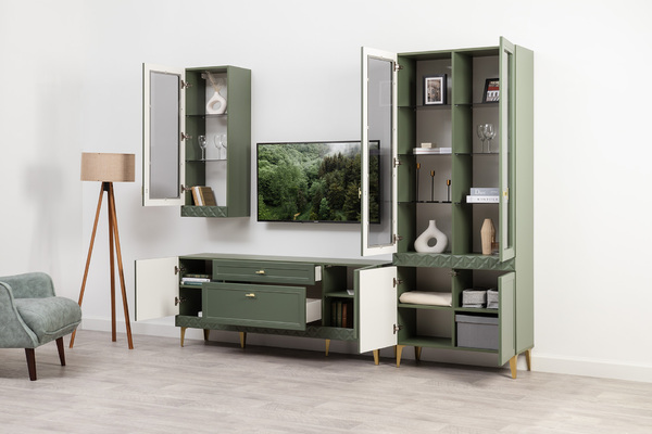 Шкаф навесной Марион 16.334 дымчатый зеленый K521, олива шагрень AG 1050 ПВХ (собирается на любую сторону)