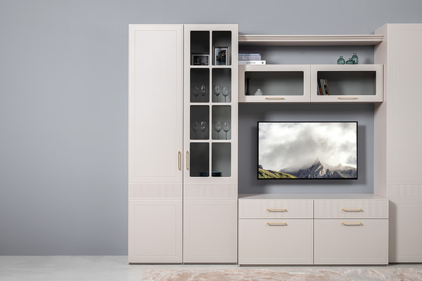 Гостиная Ричфорд композиция 1 с карнизами, кашемир 5981 BS, моно керамика D166-2 ПВХ, белый PE шагрень (собирается на любую сторону)