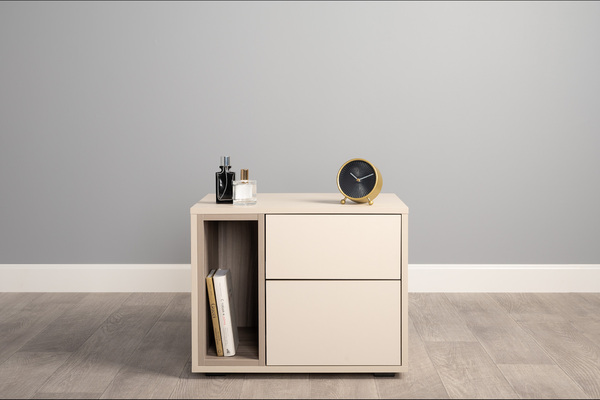 Тумба прикроватная Тайл 16.163 сатин 7045 SU, эмили блаш U9135, белый PE шагрень, собирается на любую сторону